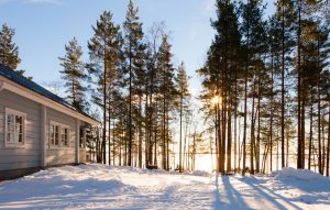 Winter,Lake,In,Forest,With,House